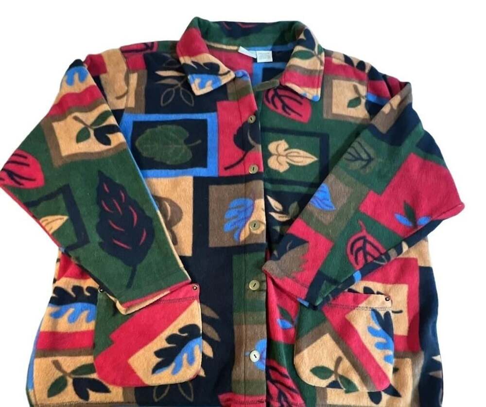 Blair Fleece Jacket Size 2XL Multi Color Leaf Print Button Down